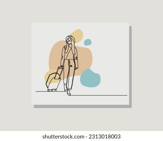 dibujo continuo de una línea de una sola línea vectorial ilustración de una mujer viajera caminar y llevar maleta usando traje casual en diseño estilo boho