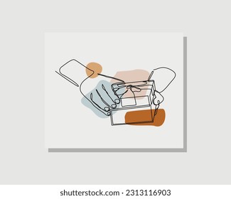 Continuous single one line drawing art of hand holding gift box with ribbon present for birthday, valentine day, Christmas, New Year congratulations vector illustration