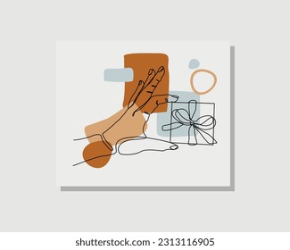 Continuous single one line drawing art of hand holding gift box with ribbon present for birthday, valentine day, Christmas, New Year congratulations vector illustration