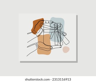 Continuous single one line drawing art of hand holding gift box with ribbon present for birthday, valentine day, Christmas, New Year congratulations vector illustration