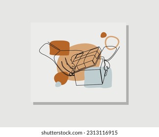 Dibujo continuo de una sola línea de la caja de regalo de mano con cinta presente para cumpleaños, día de San Valentín, Navidad, felicitaciones de Año Nuevo ilustración vectorial