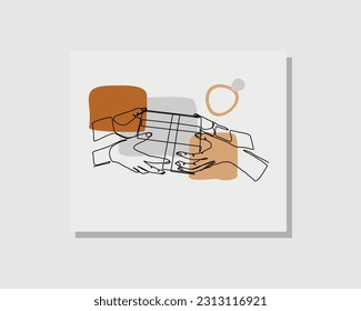 Continuous single one line drawing art of hand holding gift box with ribbon present for birthday, valentine day, Christmas, New Year congratulations vector illustration