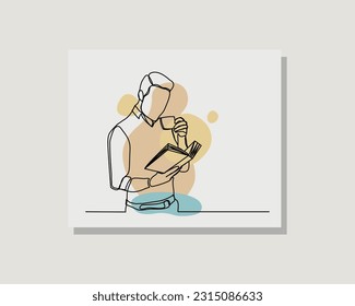 Continuous single one line drawing art of business man read book and holding cup of coffee or hot tea in boho bohemian style design vector illustration