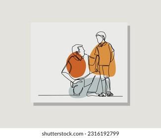 Continuous single one line drawing art of father dad talk and help son parenting happy togetherness family concept in boho bohemian style design vector illustration