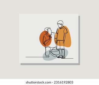 Continuous single one line drawing art of father dad talk and help son parenting happy togetherness family concept in boho bohemian style design vector illustration