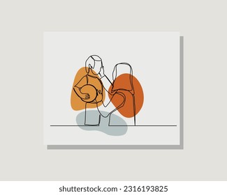Continuous single one line drawing art of mother mom talk and help son parenting happy togetherness family concept in boho bohemian style design vector illustration