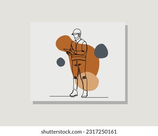 Continuous single one line drawing art of architect building construction worker holding blueprint paper and wearing safety helmet in boho bohemian style design vector illustration