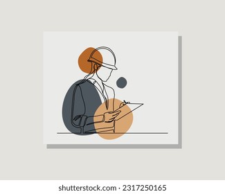 Continuous single one line drawing art of architect building construction worker holding blueprint paper and wearing safety helmet in boho bohemian style design vector illustration