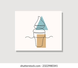 Continuous single one line drawing art of delicious ice cream waffle cone in boho bohemian style design vector illustration