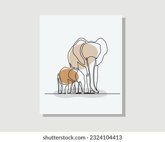 Continuous single one line drawing of young elephant calf holding elephant mother tail walk and follow animal family boho bohemian style design vector illustration