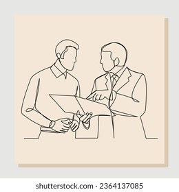 Continuous single one line drawing of two businessman talking and discuss about document. Vector illustration.