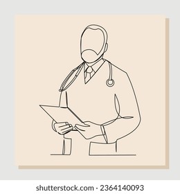 Continuous single one line drawing of man hospital doctor holding patient paper document. Vector illustration.