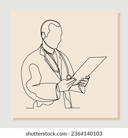 Continuous single one line drawing of man hospital doctor holding patient paper document. Vector illustration.