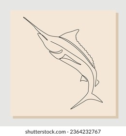 Continuous single one line drawing of big swimming swordfish marlin fish. Line concept of under water life. Vector illustration