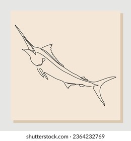 Continuous single one line drawing of big swimming swordfish marlin fish. Line concept of under water life. Vector illustration