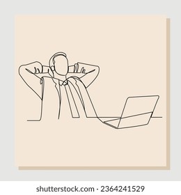 Continuous single one line drawing of businessman thinking and dreaming with laptop. Vector illustration.