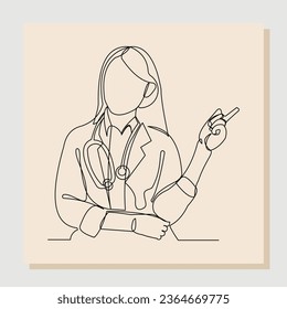 Continuous single one line drawing of woman doctor with stethoscope. Line art of health care concept. Vector illustration.