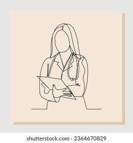 Continuous single one line drawing of woman doctor holding patient paper document. Vector illustration.