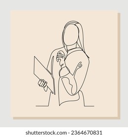 Continuous single one line drawing of woman doctor holding patient paper document. Vector illustration.