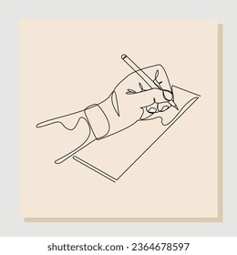 Continuous single one line drawing of hand writing on book paper with pen. Vector illustration.