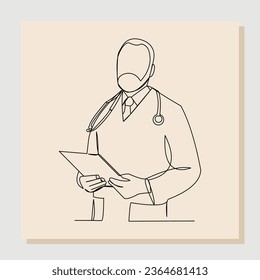 Continuous single one line drawing of man doctor holding patient paper document. Vector illustration.