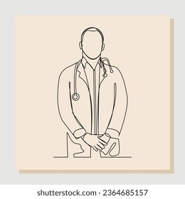 Continuous single one line drawing of man hospital doctor with stethoscope. Vector illustration.