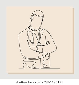 Continuous single one line drawing of man hospital doctor with stethoscope. Vector illustration.