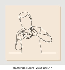 Continuous single one line drawing of man hold and eat sweet donut in closeup portrait. Vector illustration