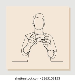 Continuous single one line drawing of man hold and eat sweet donut in closeup portrait. Vector illustration