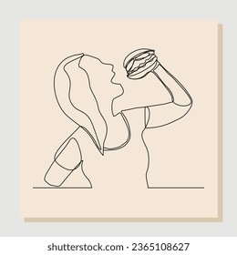 Continuous single one line drawing of woman hold and eat sweet donut in closeup portrait. Vector illustration	