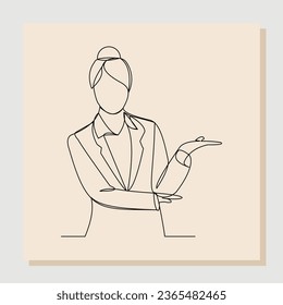 Continuous single one line drawing of business woman showing for something presentation. Vector illustration