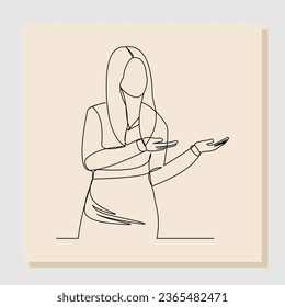 Continuous single one line drawing of business woman showing for something presentation. Vector illustration