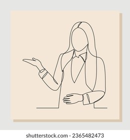 Continuous single one line drawing of business woman showing for something presentation. Vector illustration