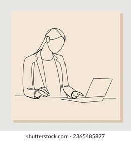 Continuous single one line drawing of business woman sitting with laptop at office. Vector illustration.