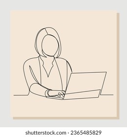 Continuous single one line drawing of business woman sitting with laptop at office. Vector illustration.