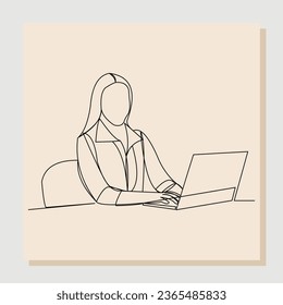 Continuous single one line drawing of business woman sitting with laptop at office. Vector illustration.