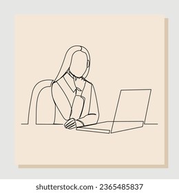 Continuous single one line drawing of business woman sitting with laptop at office. Vector illustration.