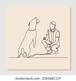 Continuous single one line drawing of happy man playing with dog pet. Vector illustration