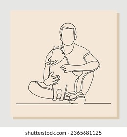Continuous single one line drawing of happy man playing with dog pet. Vector illustration
