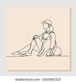 Continuous single one line drawing of happy young woman playing with dog pet. Vector illustration