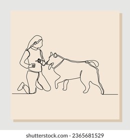 Continuous single one line drawing of happy young woman playing with dog pet. Vector illustration