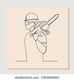 Continuous single one line drawing of lumberjack man wood cutter work and holding chainsaw to cut wood tree. Vector illustration