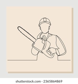 Continuous single one line drawing of lumberjack man wood cutter work and holding chainsaw to cut wood tree. Vector illustration