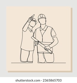Continuous single one line drawing of contractor manager discussion and giving instruction to foreman builder holding blueprint and safety helmet. Vector illustration