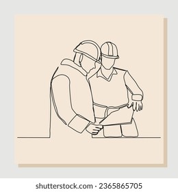 Continuous single one line drawing of contractor manager discussion and giving instruction to foreman builder holding blueprint and safety helmet. Vector illustration
