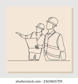 Continuous single one line drawing of contractor manager discussion and giving instruction to foreman builder holding blueprint and safety helmet. Vector illustration