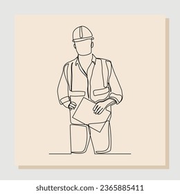 Continuous single one line drawing of foreman constructor engineer technician mechanic wearing safety helmet and holding blueprint paper design. Vector illustration