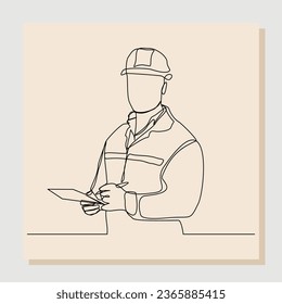 Continuous single one line drawing of foreman constructor engineer technician mechanic wearing safety helmet and holding blueprint paper design. Vector illustration