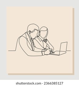 Continuous single one line drawing of businessman and business woman discussing work with laptop. Vector illustration