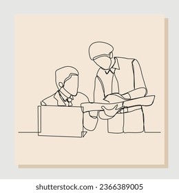 continuous single one line drawing of two women coworker talking something on laptop. vector illustration